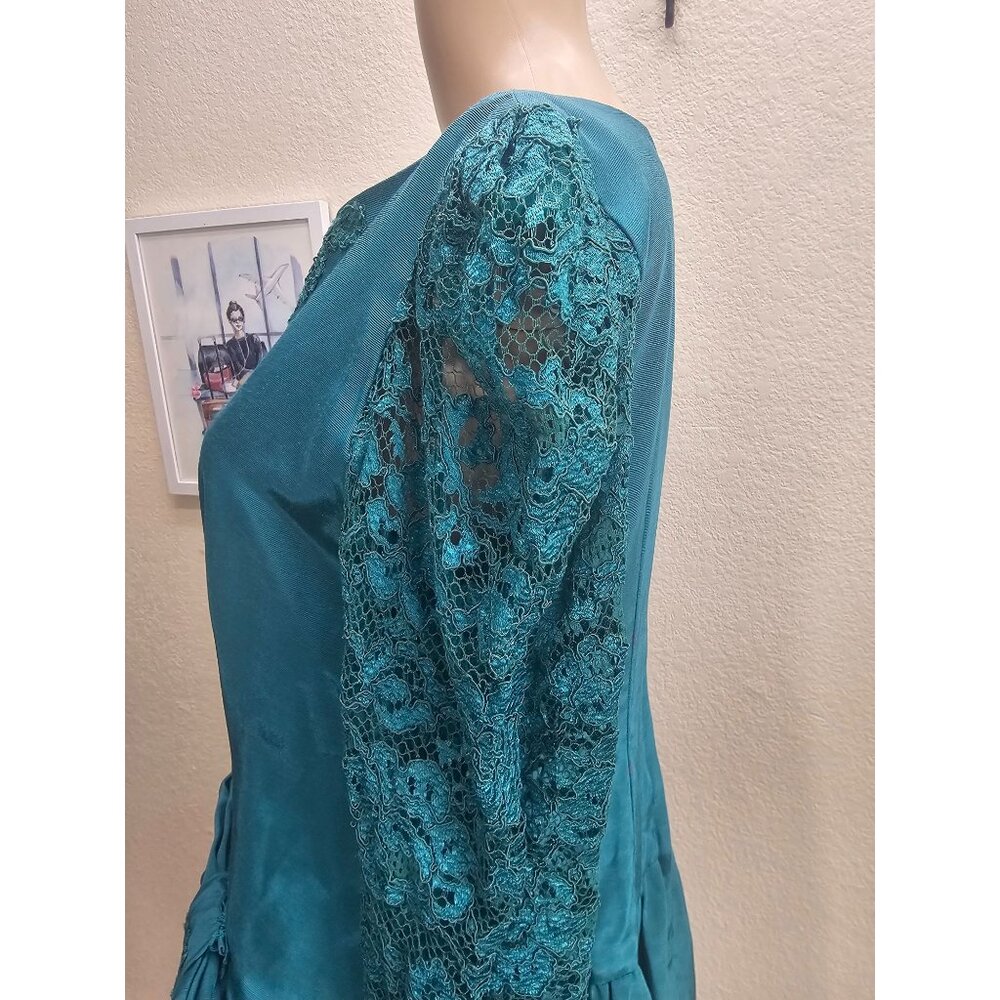Vintage 80s Evening Dress Medium Teal Modest Full Skirt - Picture 5 of 7